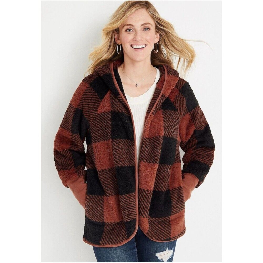 Maurices Teddy Orange Black Check Faux Fur Open Front Jacket Women's 0/1 Hooded